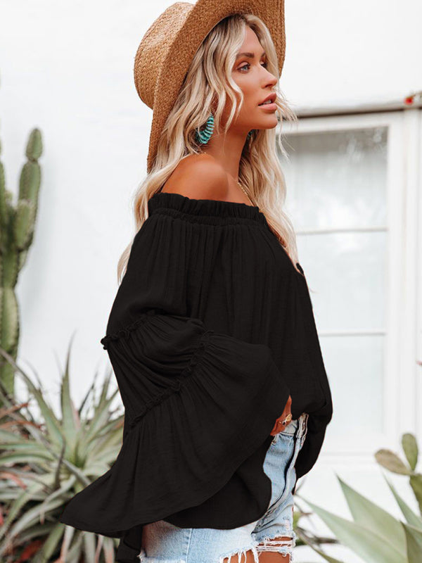 Slub Cotton Flared Sleeve One-Line Neck Top BLUE ZONE PLANET