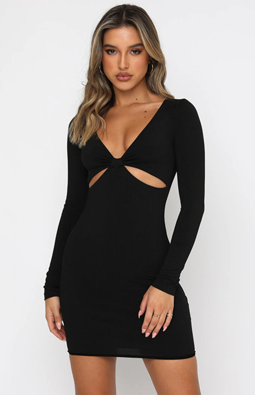 Blue Zone Planet |  Sexy Deep V-Neck Hollow Slim Long Sleeve Dress Cocktail Party Dress kakaclo