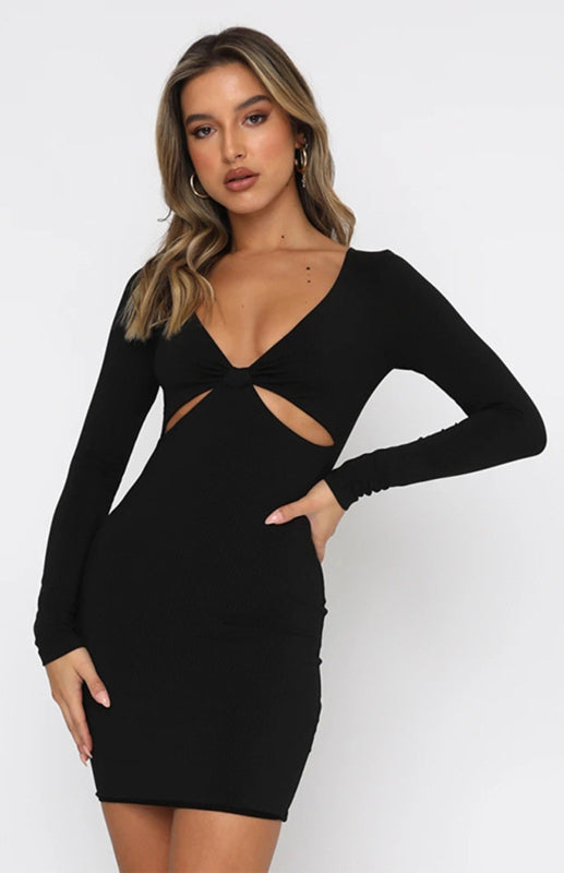 Blue Zone Planet |  Sexy Deep V-Neck Hollow Slim Long Sleeve Dress Cocktail Party Dress kakaclo