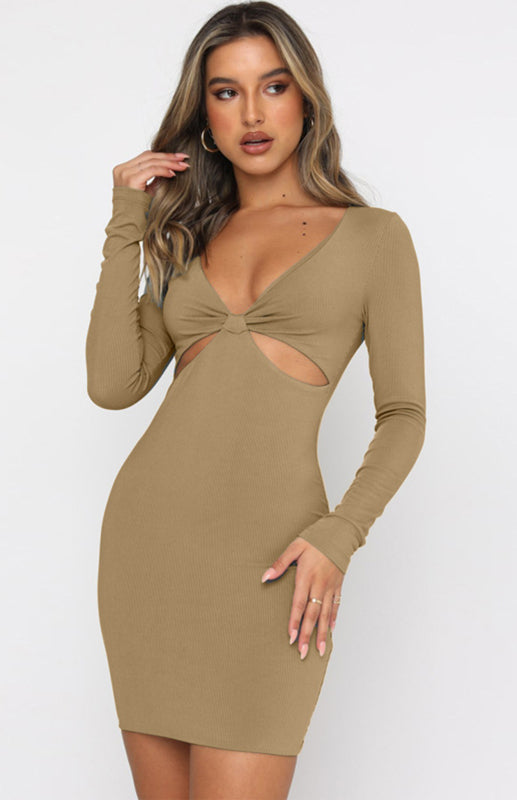 Blue Zone Planet |  Sexy Deep V-Neck Hollow Slim Long Sleeve Dress Cocktail Party Dress kakaclo