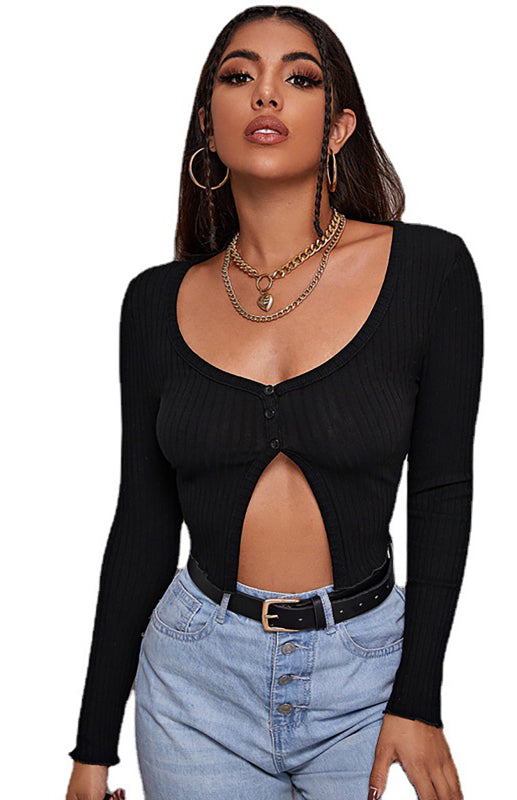 Women'S Button Crop Long Sleeve Top BLUE ZONE PLANET
