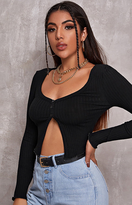 Women'S Button Crop Long Sleeve Top BLUE ZONE PLANET
