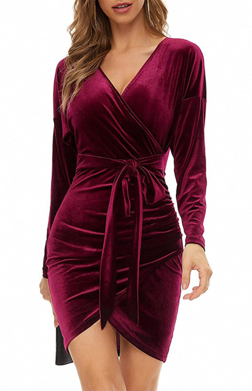 Blue Zone Planet |  Sexy Velvet V-Neck Slim-Fit Split Cocktail Party Long-Sleeved Dress kakaclo