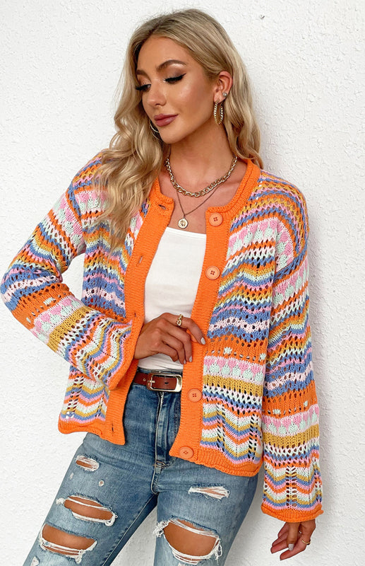 Striped Loose Rainbow Knitted Cardigan kakaclo