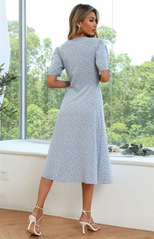 Puff Sleeve Floral V-Neck Short Sleeve Lace-Up Slit Button Dress kakaclo