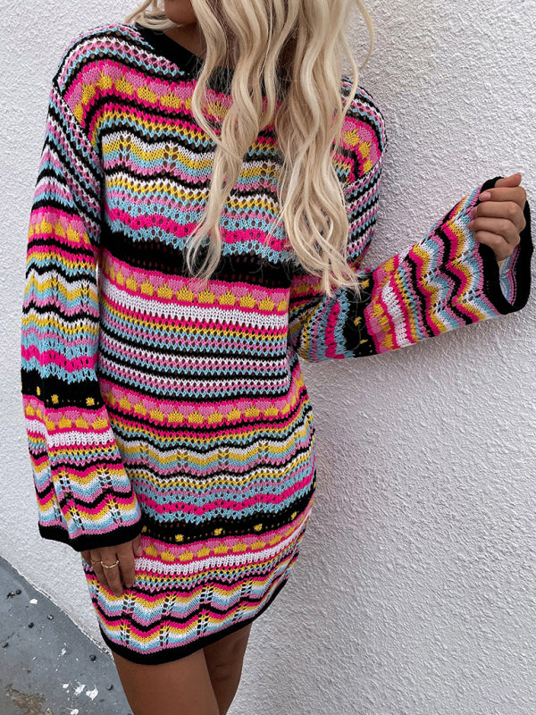 Women'S Rainbow Stripe Pullover Medium Length Sweater BLUE ZONE PLANET
