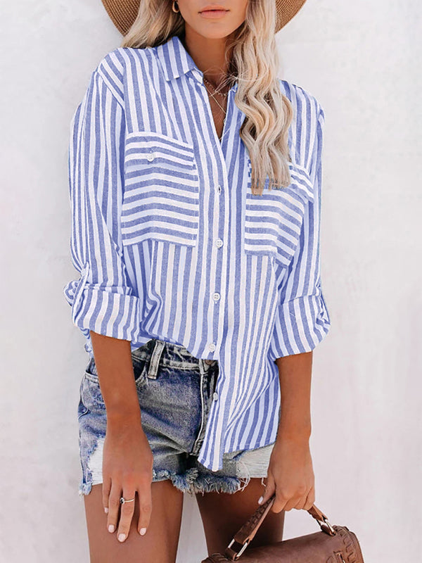 Blue Zone Planet |  Linen Cotton Washed Water Stripe Single Breasted Long Sleeve Shirt Women BLUE ZONE PLANET
