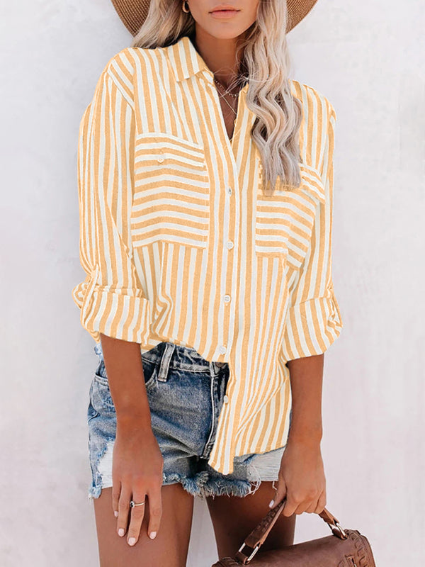 Blue Zone Planet |  Linen Cotton Washed Water Stripe Single Breasted Long Sleeve Shirt Women BLUE ZONE PLANET