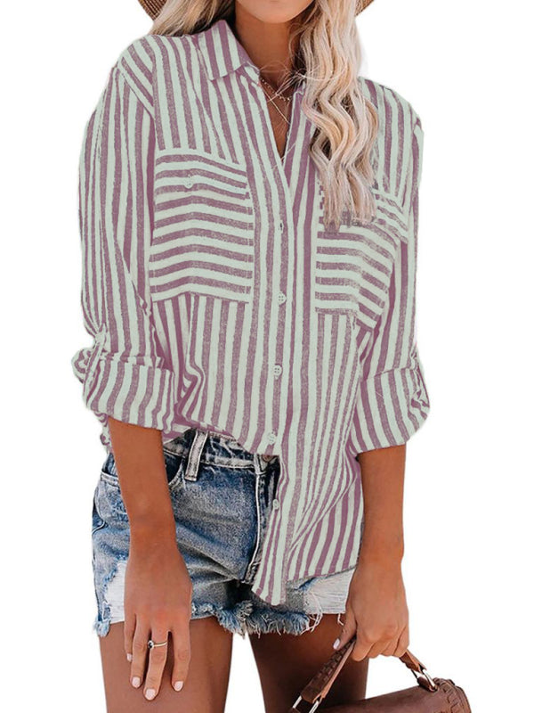 Blue Zone Planet |  Linen Cotton Washed Water Stripe Single Breasted Long Sleeve Shirt Women BLUE ZONE PLANET