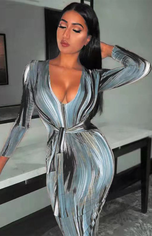 Sexy Printed Long-Sleeved V-Neck Dress-[Adult]-[Female]-Blue-S-2022 Online Blue Zone Planet