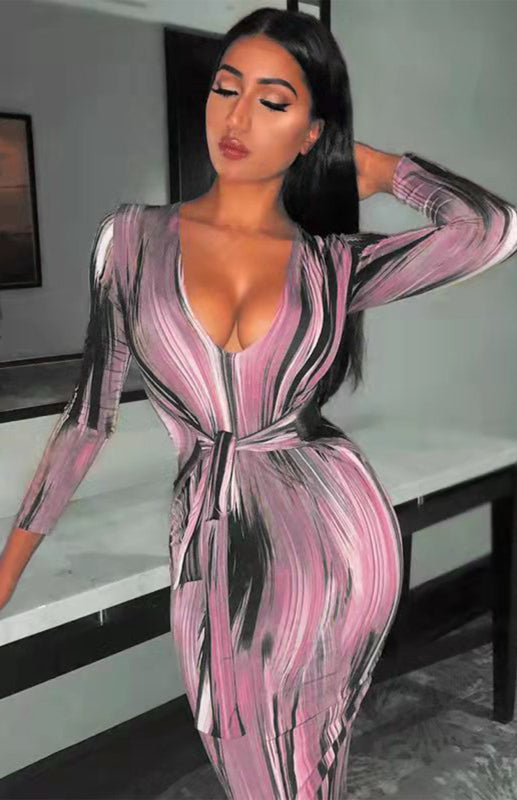 Sexy Printed Long-Sleeved V-Neck Dress-[Adult]-[Female]-Pink-S-2022 Online Blue Zone Planet