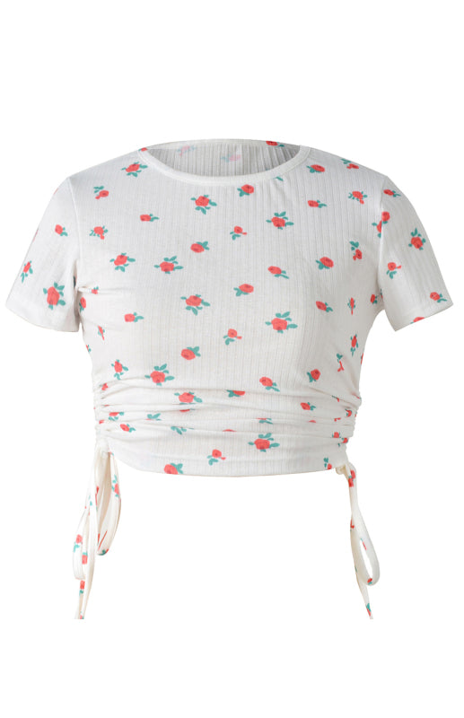 Blue Zone Planet |  Printed Drawstring Plunging Round Neck Short-Sleeved T-Shirt BLUE ZONE PLANET