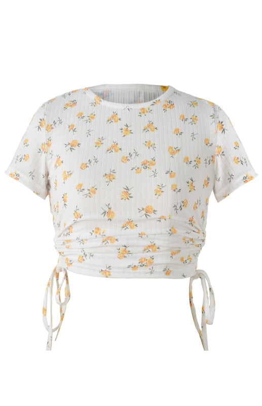 Blue Zone Planet |  Printed Drawstring Plunging Round Neck Short-Sleeved T-Shirt BLUE ZONE PLANET