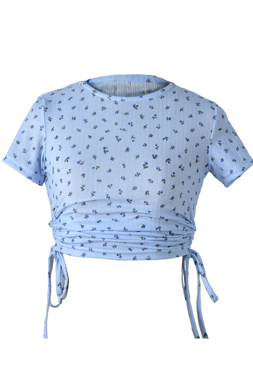 Blue Zone Planet |  Printed Drawstring Plunging Round Neck Short-Sleeved T-Shirt BLUE ZONE PLANET