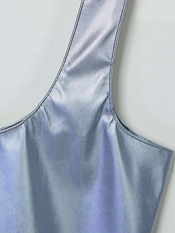 Tight-Fitting Sleeveless Sexy Pu Patent Leather Bodycon Mini Dress BLUE ZONE PLANET