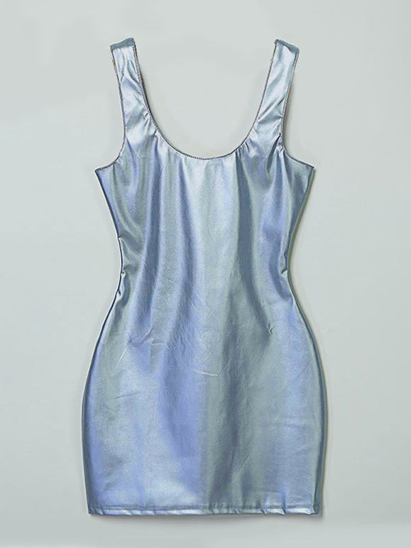 Tight-Fitting Sleeveless Sexy Pu Patent Leather Bodycon Mini Dress BLUE ZONE PLANET