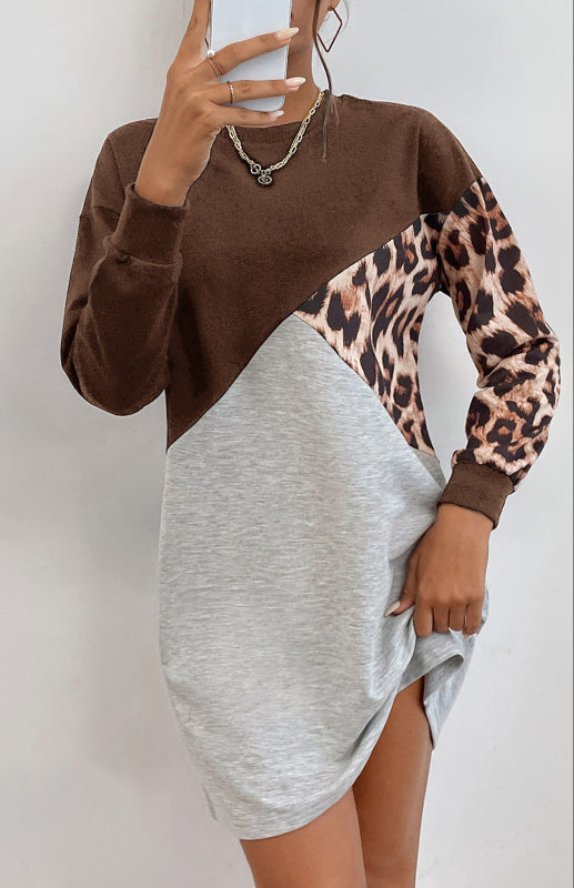 Ladies Patchwork Crew Neck Long T-Shirt Leopard Print Sweater Dress kakaclo