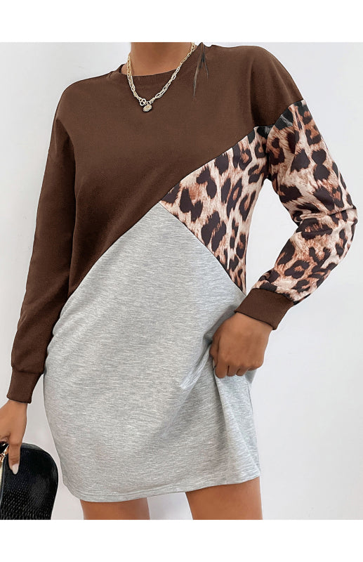 Ladies Patchwork Crew Neck Long T-Shirt Leopard Print Sweater Dress kakaclo