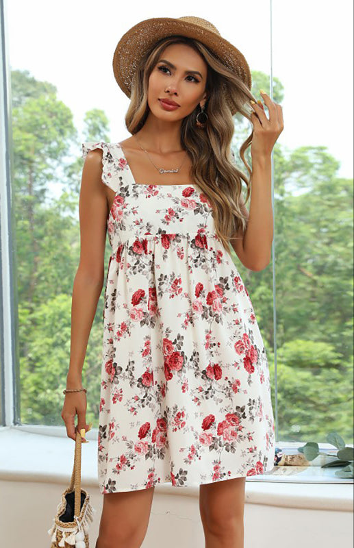 Blue Zone Planet |  Ladies Chiffon Print Ruffle Slip Dress kakaclo