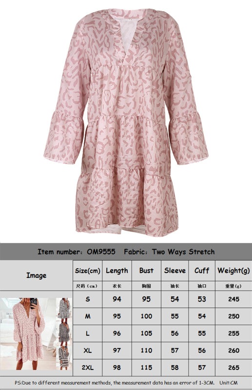 Blue Zone Planet |  European and American print long-sleeved loose V-neck stitching dress BLUE ZONE PLANET