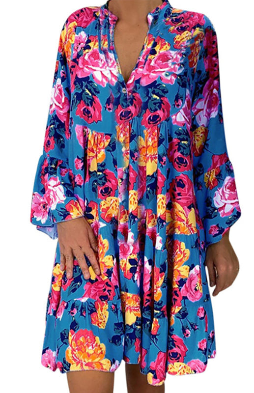 Blue Zone Planet |  Nora's Loose V-Neck Button Flare Sleeve Ruffle Floral Babydoll Mini Dress BLUE ZONE PLANET