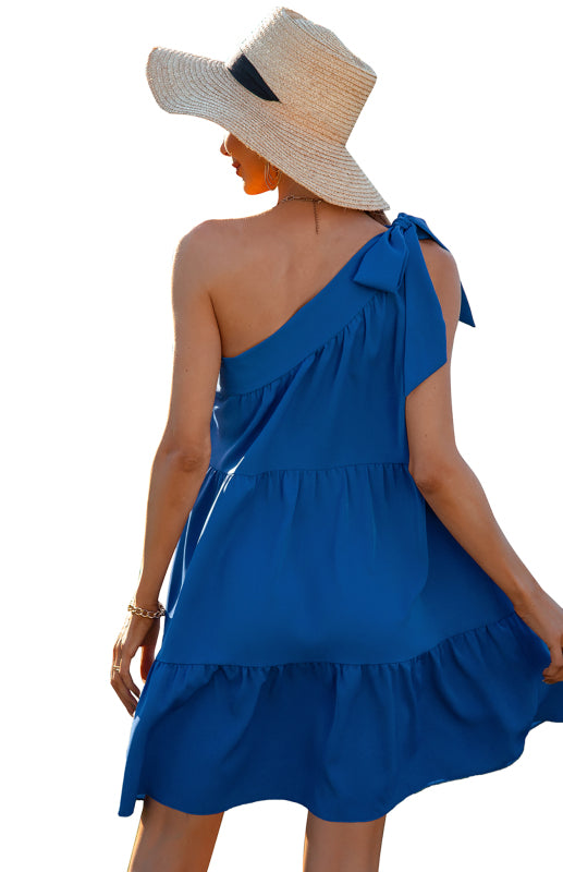 Blue Zone Planet |  Women's Diagonal Neck Solid Color Ruffle Dress kakaclo