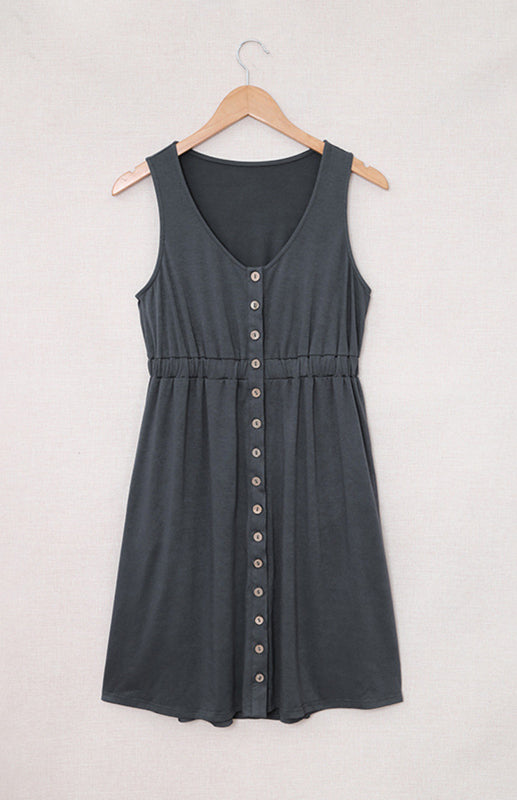 V-Neck Button Front Sleeveless Elasticated Waist A-line Dress With Pocket kakaclo