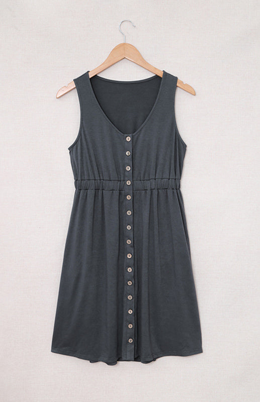 Blue Zone Planet | V-Neck Button Front Sleeveless Elasticated Waist Black / M by Blue Zone Planet Blue Zone Planet | V-Neck Button Front Sleeveless Elasticated Waist Black / M by Blue Zone Planet
