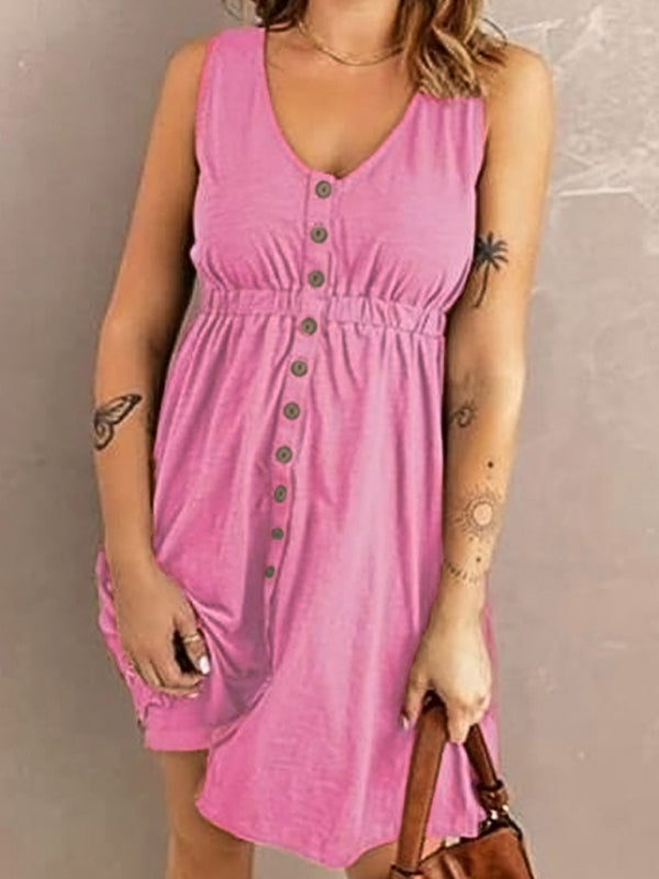 V-Neck Button Front Sleeveless Elasticated Waist A-line Dress With Pocket kakaclo