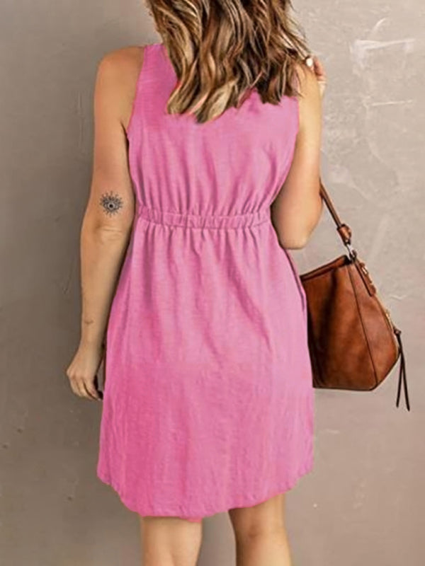V-Neck Button Front Sleeveless Elasticated Waist A-line Dress With Pocket kakaclo