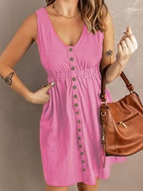V-Neck Button Front Sleeveless Elasticated Waist A-line Dress With Pocket kakaclo