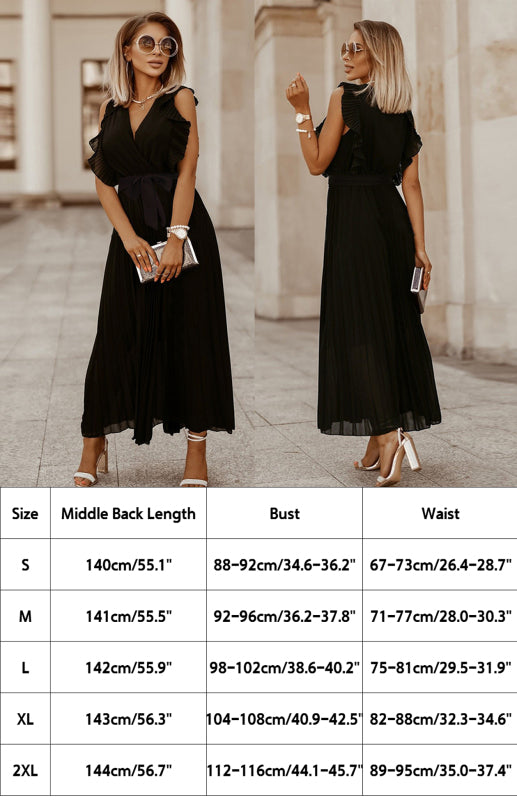 Slim Fit Lotus Leaf Sleeve Chiffon Pleated Skirt Solid Color Dress kakaclo