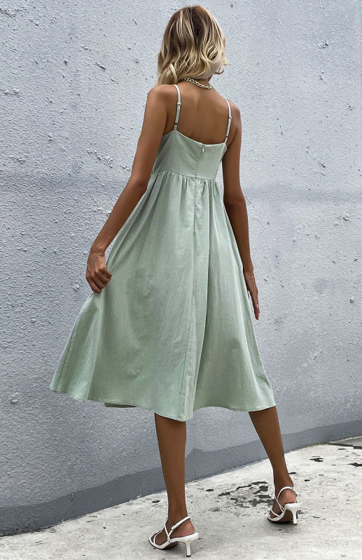 Blue Zone Planet |  Emily's Slim Fit Solid Color Cotton Linen Button-Up Midi Dress kakaclo