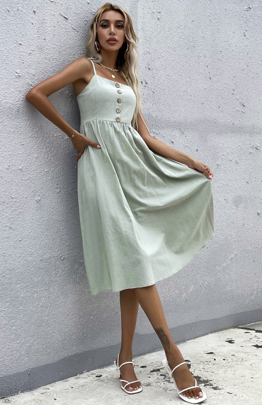 Blue Zone Planet |  Emily's Slim Fit Solid Color Cotton Linen Button-Up Midi Dress kakaclo