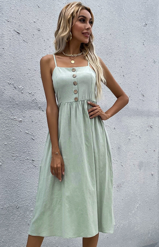 Blue Zone Planet |  Emily's Slim Fit Solid Color Cotton Linen Button-Up Midi Dress kakaclo
