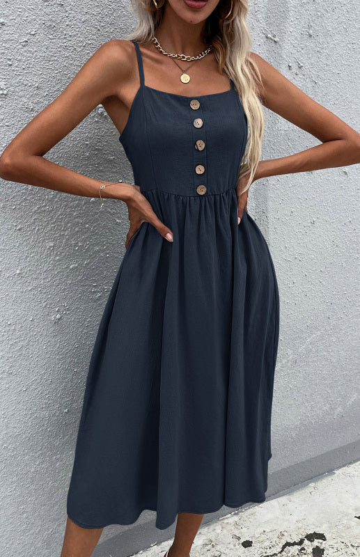 Blue Zone Planet |  Emily's Slim Fit Solid Color Cotton Linen Button-Up Midi Dress kakaclo