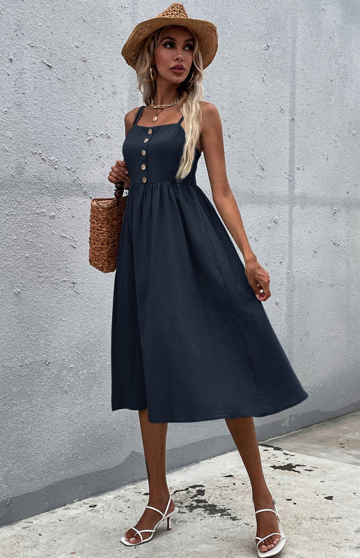 Blue Zone Planet |  Emily's Slim Fit Solid Color Cotton Linen Button-Up Midi Dress kakaclo