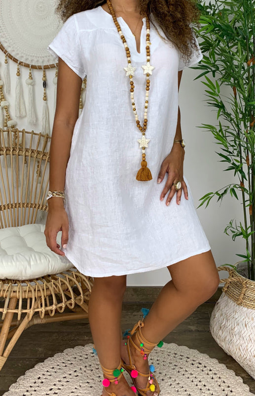 Blue Zone Planet | V-Neck Rolled Short Sleeve Gathered Curved Linen Dress-TOPS / DRESSES-[Adult]-[Female]-Raw white off white-S-2022 Online Blue Zone Planet