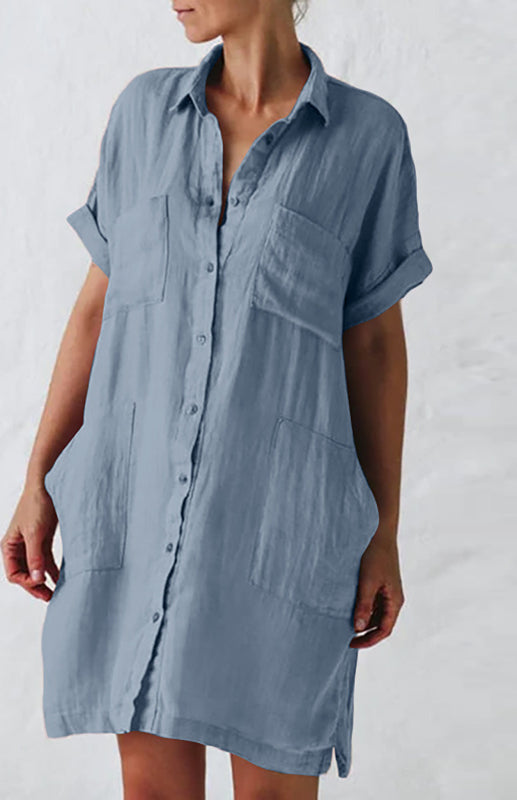 Lapel Button Pocket Short Sleeve Shirt Dress-[Adult]-[Female]-Blue-S-2022 Online Blue Zone Planet