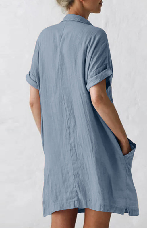 Lapel Button Pocket Short Sleeve Shirt Dress-[Adult]-[Female]-2022 Online Blue Zone Planet