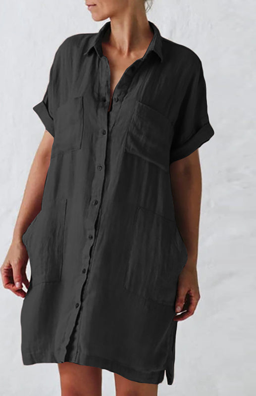 Lapel Button Pocket Short Sleeve Shirt Dress-[Adult]-[Female]-Black-S-2022 Online Blue Zone Planet