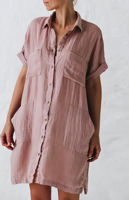 Lapel Button Pocket Short Sleeve Shirt Dress-[Adult]-[Female]-Pink-S-2022 Online Blue Zone Planet