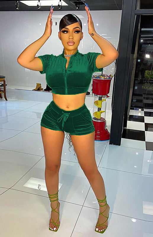 Blue Zone Planet |  Ladies Velvet Short Solid Color Casual Sexy Two-piece Set kakaclo