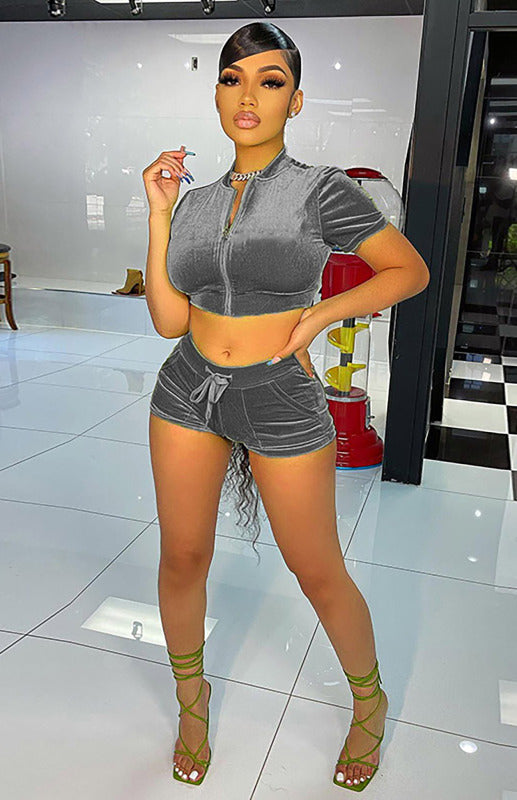 Blue Zone Planet |  Ladies Velvet Short Solid Color Casual Sexy Two-piece Set kakaclo