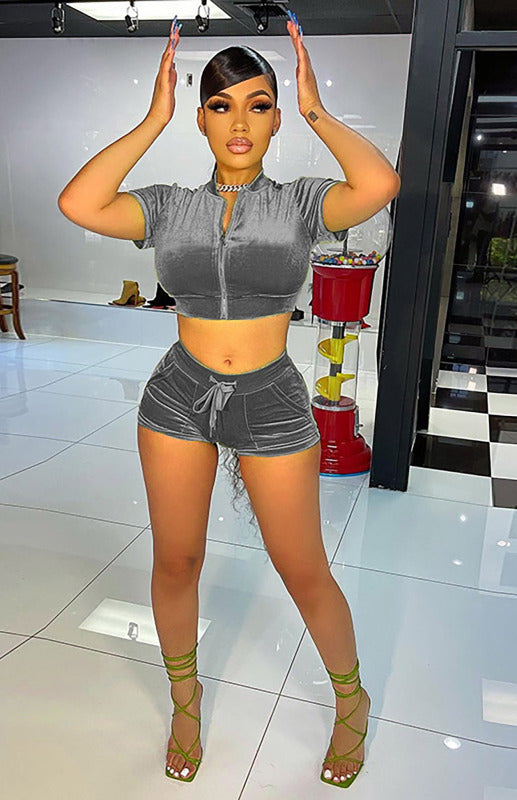 Blue Zone Planet |  Ladies Velvet Short Solid Color Casual Sexy Two-piece Set kakaclo