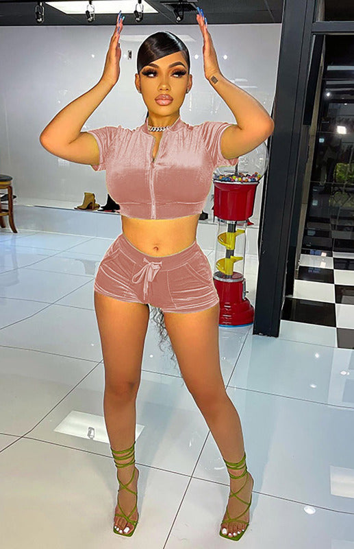 Blue Zone Planet |  Ladies Velvet Short Solid Color Casual Sexy Two-piece Set kakaclo