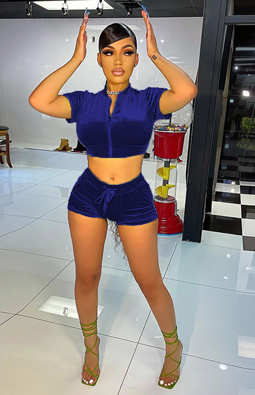 Blue Zone Planet |  Ladies Velvet Short Solid Color Casual Sexy Two-piece Set kakaclo