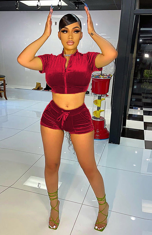 Blue Zone Planet |  Ladies Velvet Short Solid Color Casual Sexy Two-piece Set kakaclo