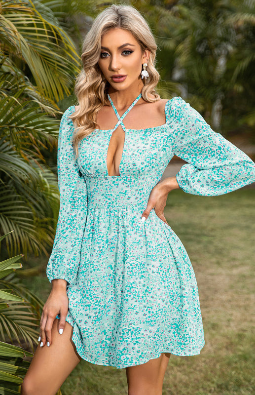 Ladies Square Neck Cross Lace Small Floral Waist Dress BLUE ZONE PLANET