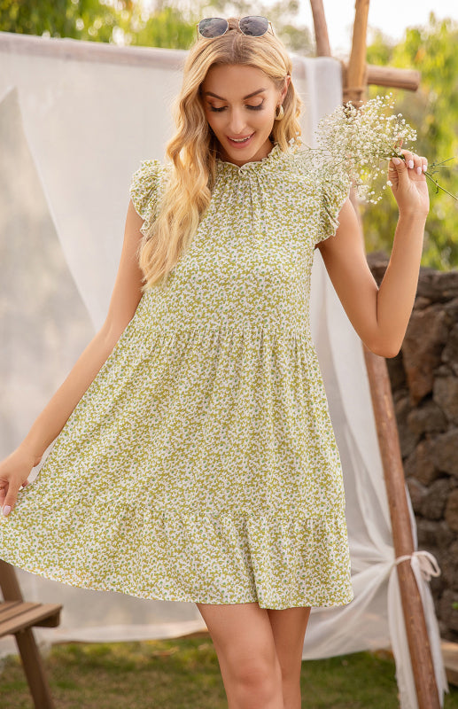 Women's Fresh and Sweet Little Daisy Floral Feifei Sleeve Dress kakaclo